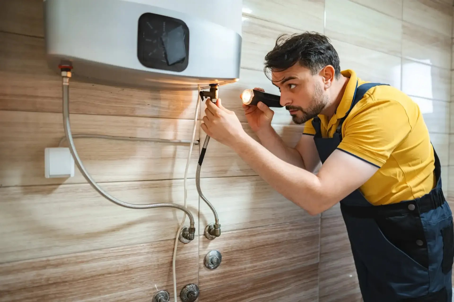 Plomero inspeccionando un calentador de agua con una linterna en un baño.