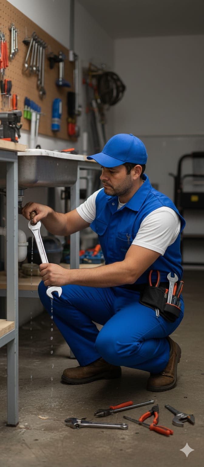 Un mecánico con overol azul usa una llave inglesa en un soporte, con las herramientas en el suelo. En un taller.