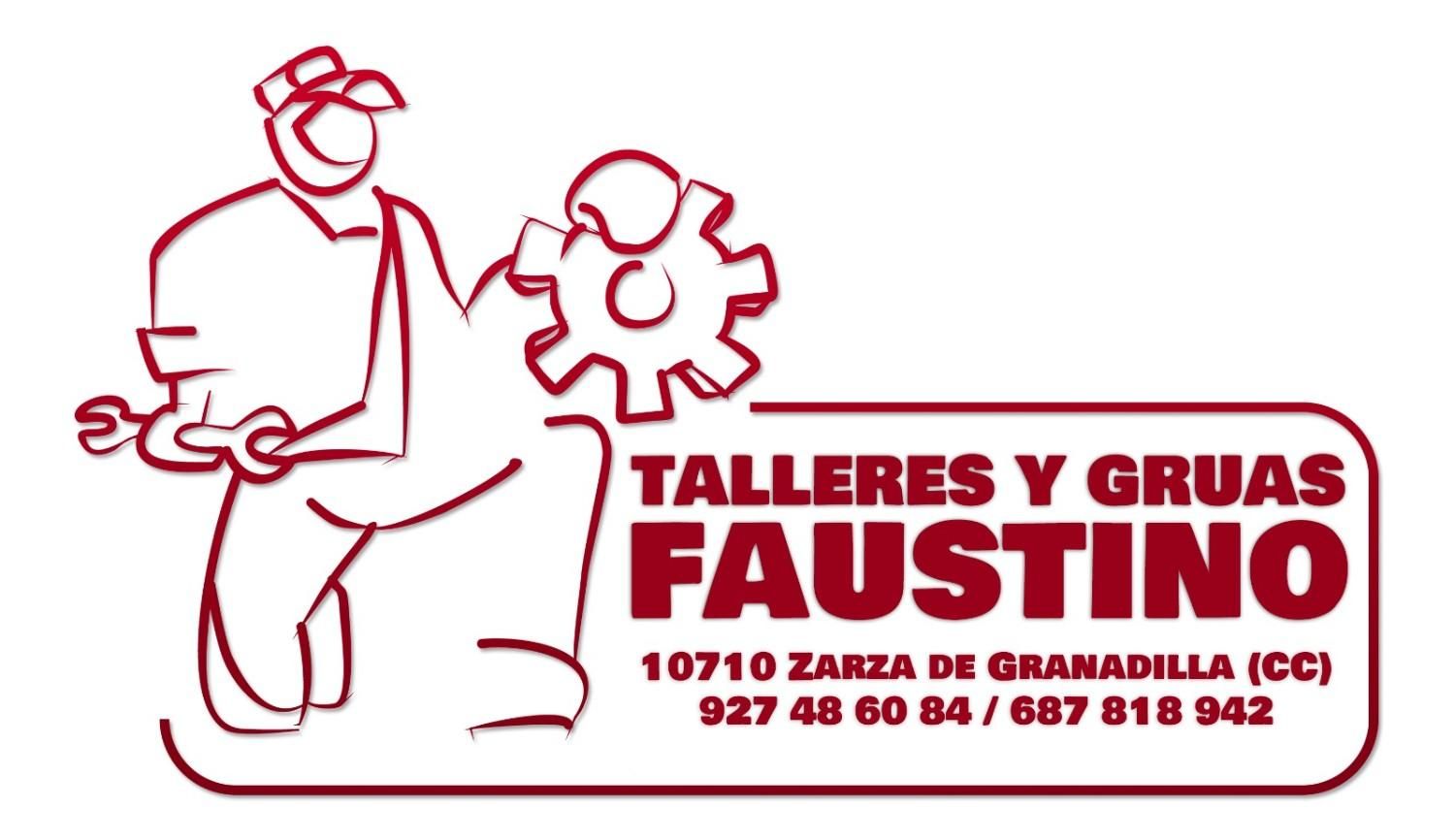Logo rojo de Talleres y Gr&uacute;as Faustino con mec&aacute;nico, engranaje y texto de contacto.