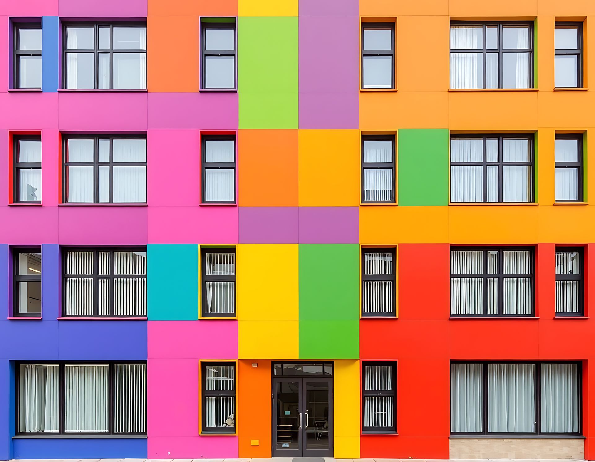 Ein Gebäude mit vielen Fenstern, die in verschiedenen Farben gestrichen sind
