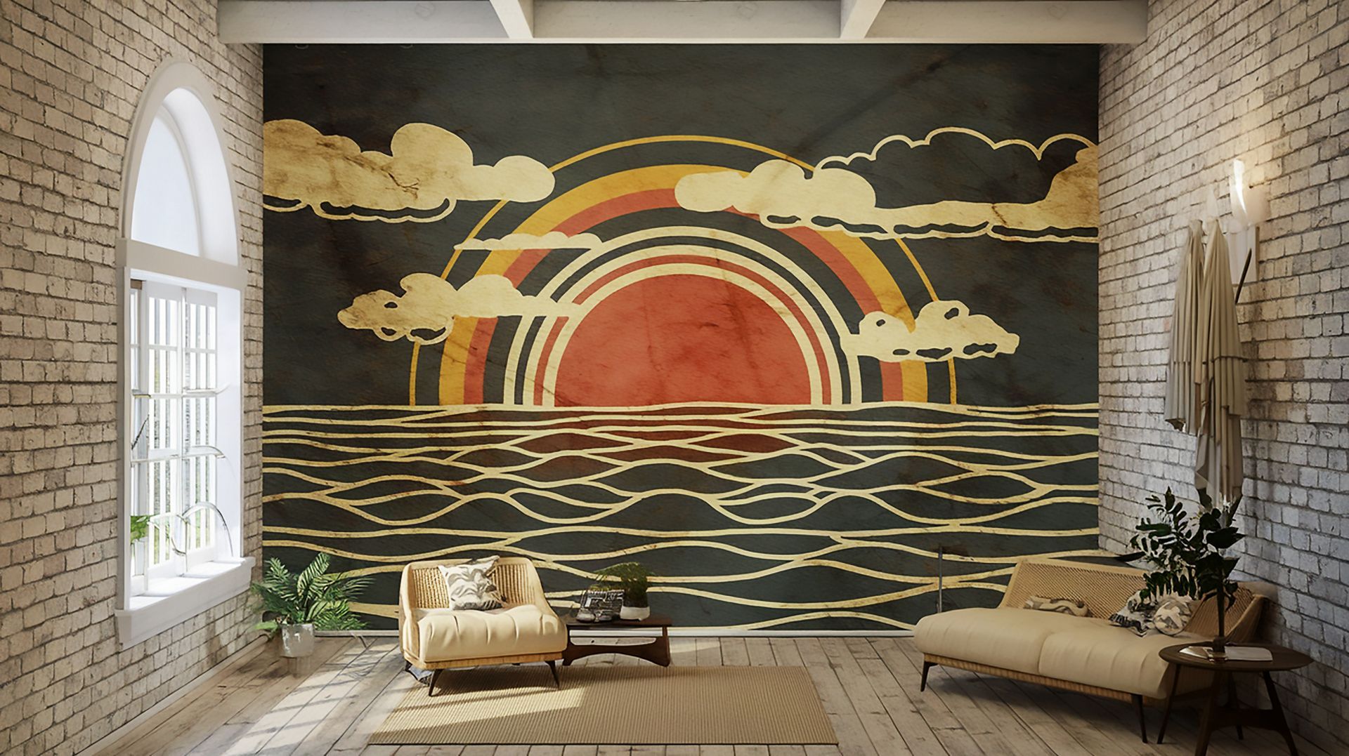 Ein Wohnzimmer mit einem großen Wandgemälde eines Regenbogens über dem Meer.