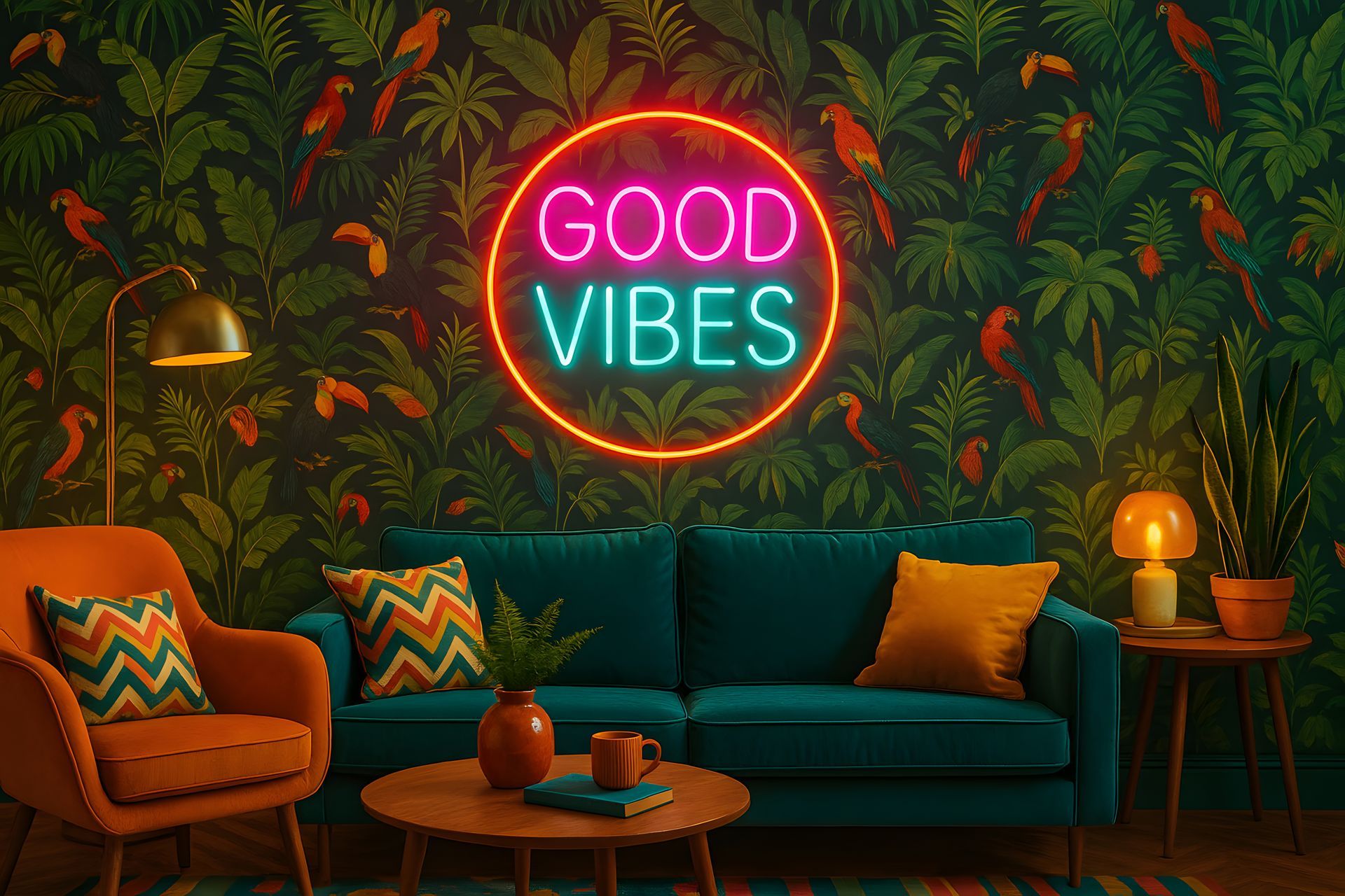 Ein Wohnzimmer mit einem Neonschild mit der Aufschrift „Gute Stimmung“.