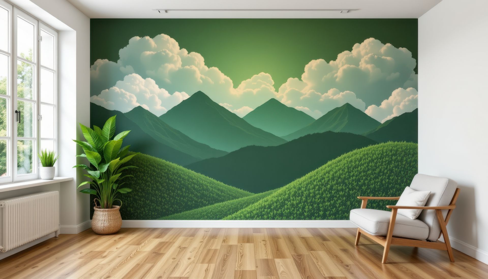 Ein Wohnzimmer mit einem Gemälde einer Berglandschaft an der Wand.