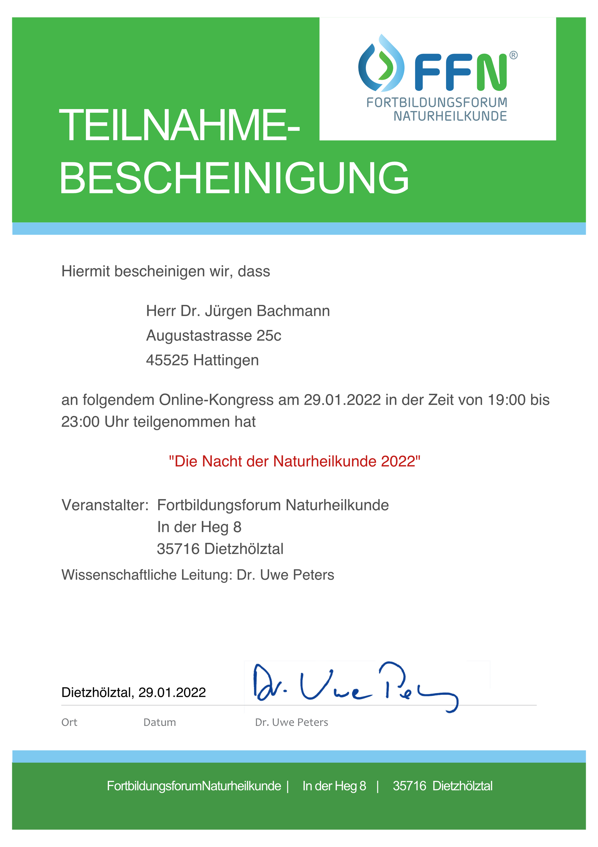 Grün-weiße deutsche Teilnahmebescheinigung mit FFN-Logo und blauer Unterschrift am unteren Rand.