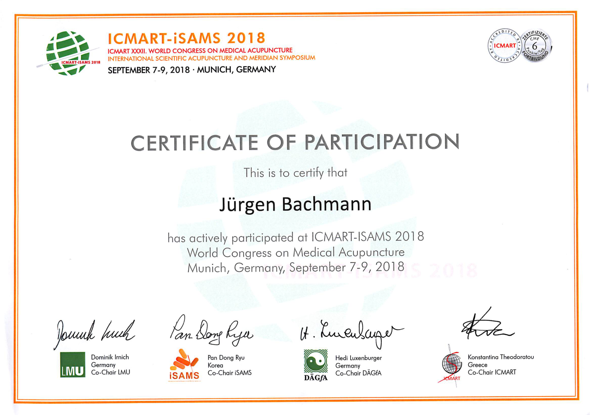 Teilnahmebescheinigung für Jürgen Bachmann, ICAMT-ISAMS 2018, auf weißem Hintergrund mit Logos und Unterschriften