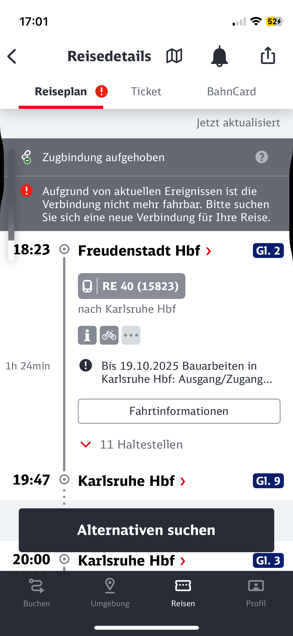 Screenshot einer deutschen ÖPNV-App auf einem Smartphone