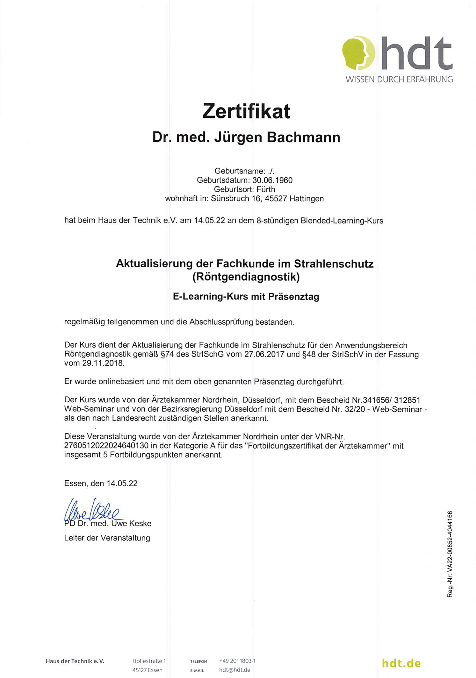 Deutsches Zertifikatsdokument mit HDT-Logo, schwarzer Text auf weißem Papier