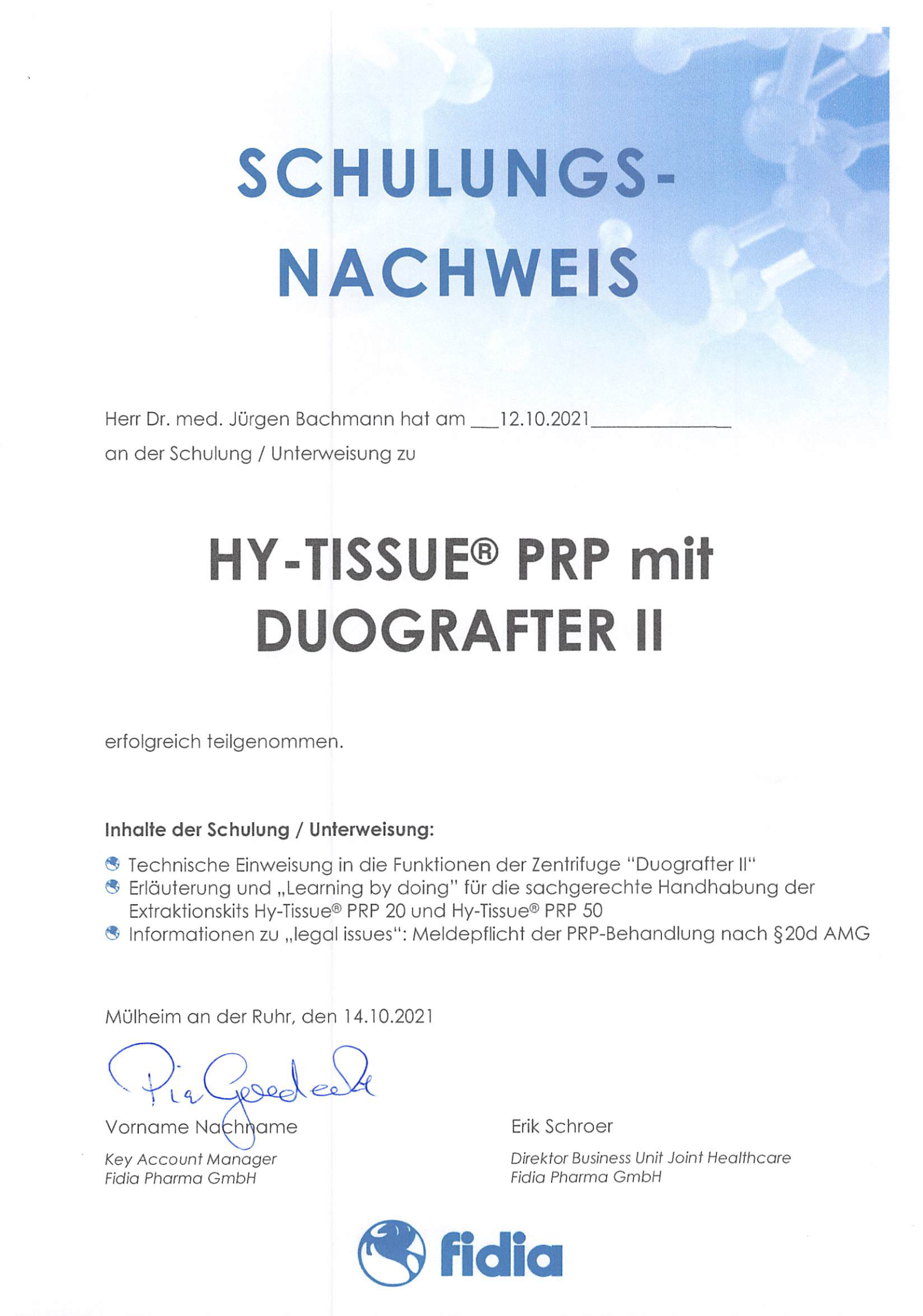 Deutsches Schulungszertifikat für „HY-TISSUE PRP mit DUOGRAFT II“ mit blauer abstrakter Überschrift und Fidia-Logo