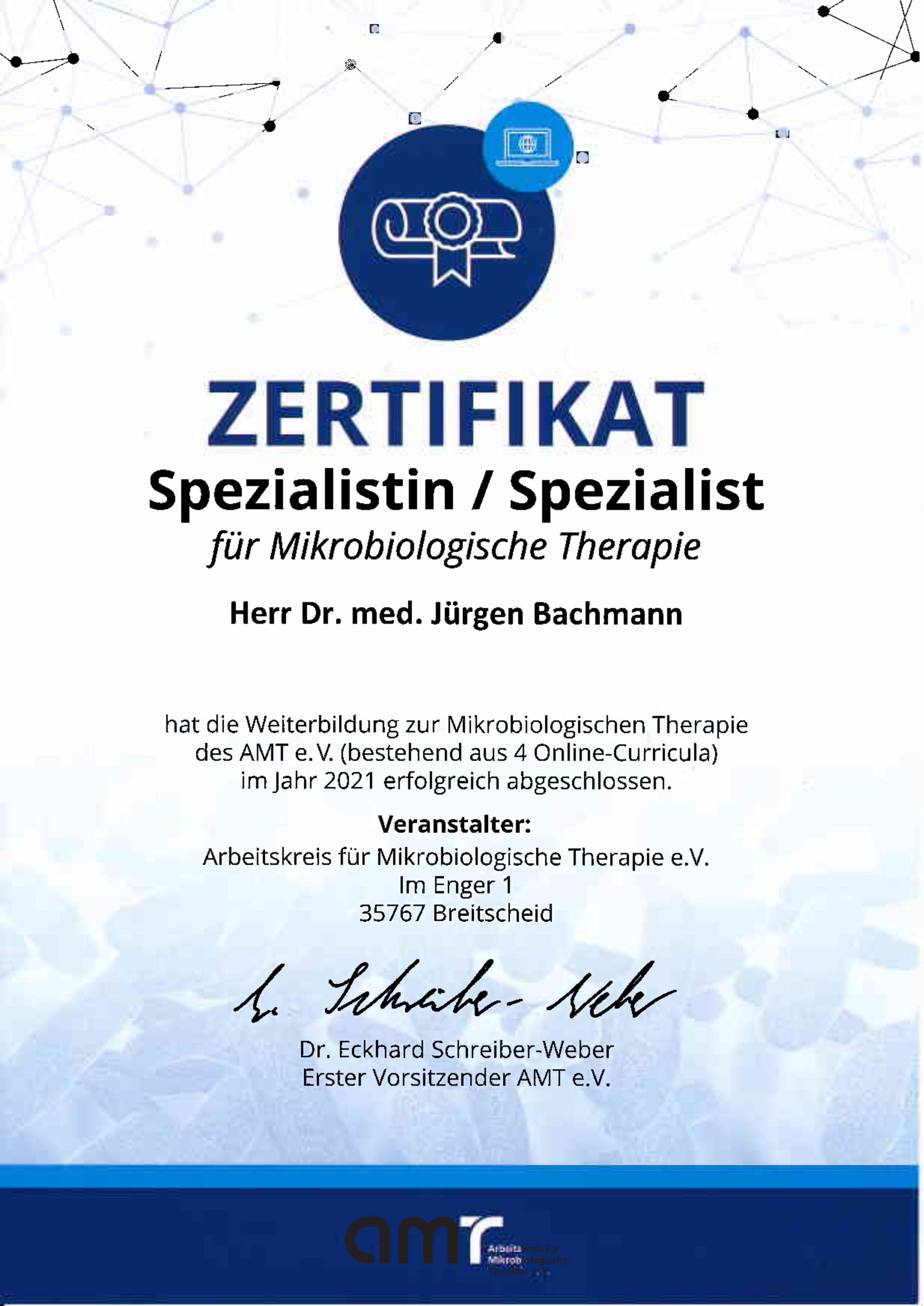 Zertifikat für SpezialistIn für Mikrobiologische Iherapie mit blauem Medizinsymbol und Unterschrift