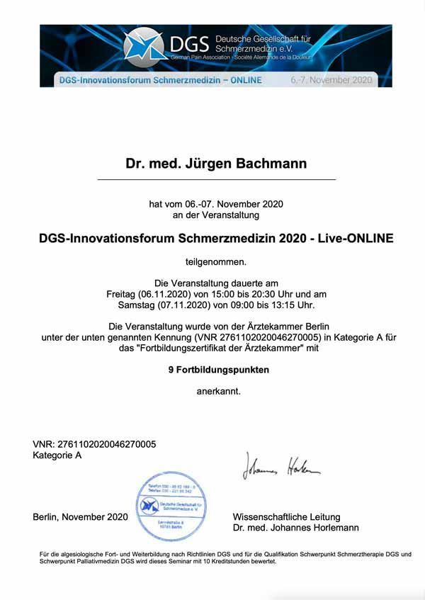 Urkunde für Dr. med. Jürgen Bechmann, Silbermedaillengewinner des DGSV Innovationsforums 2020, mit Unterschriften und Stempel