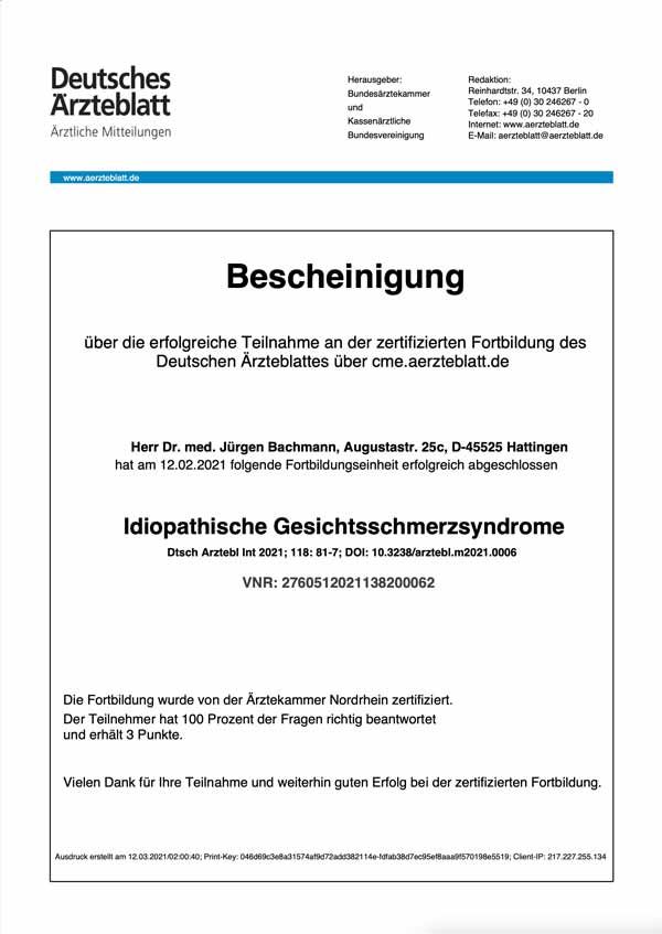 German medical certificate titled “Bescheinigung” from Deutsches Ärzteblatt, with blue header and black text