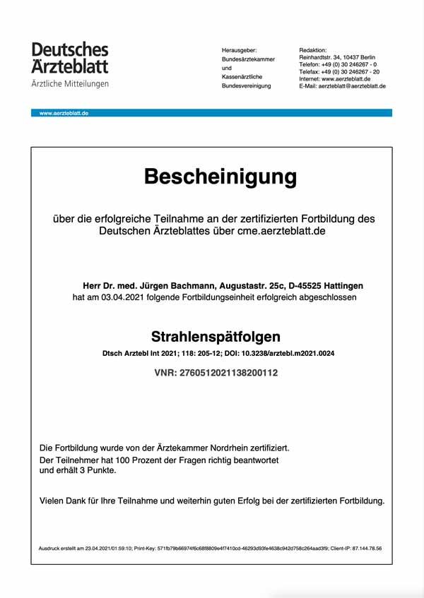 German medical certificate titled “Bescheinigung” with the Deutsches Ärzteblatt header and blue divider line
