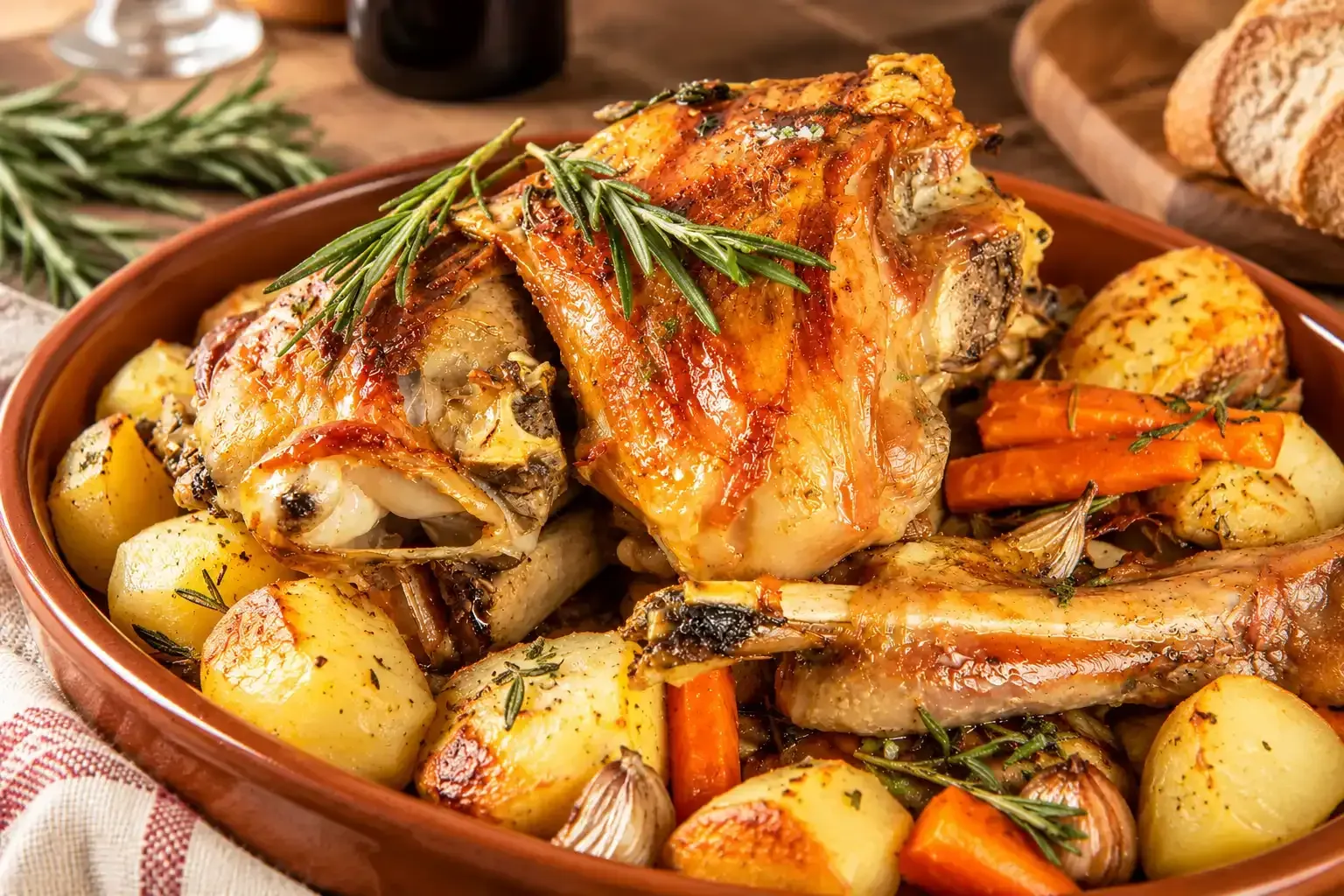 Pollo asado con patatas y zanahorias en una fuente rústica, adornado con romero