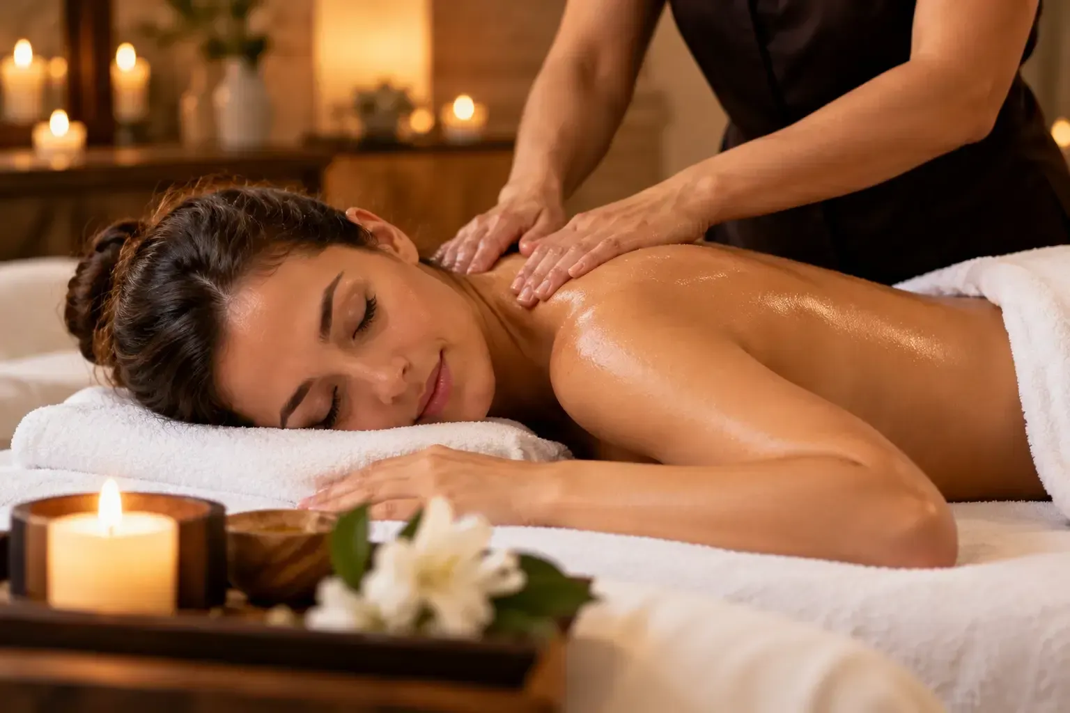 Mujer recibiendo un relajante masaje de espalda en un spa iluminado con velas