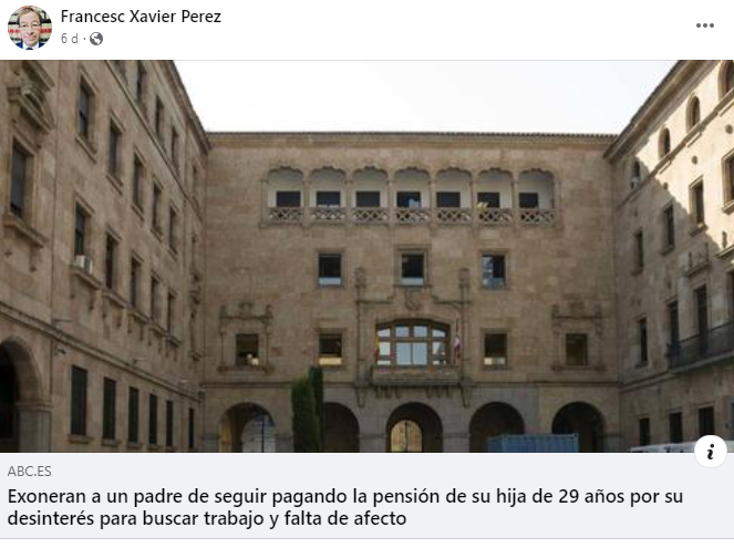 Captura de pantalla de una publicación de Facebook que muestra un edificio de piedra y un titular sobre un tribunal que pone fin a la pensión alimenticia de una hija.