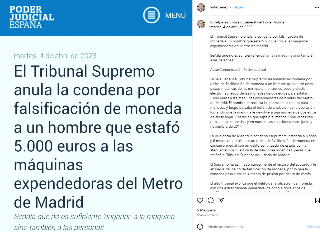 Publicación en redes sociales del Poder Judicial español informando sobre la anulación por parte del Tribunal Supremo de una condena por falsificación de monedas.