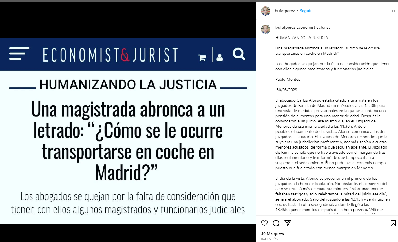 Titular de Economist & Jurist sobre un juez que reprende a un abogado por conducir en Madrid, junto con texto publicado en redes sociales.