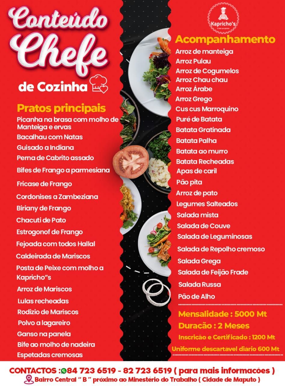 A menu for a restaurant called conteudo chef