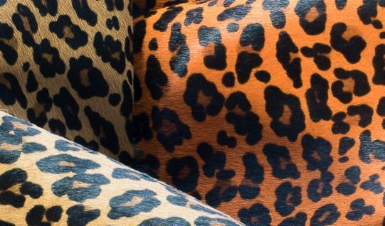 Un primer plano de tres almohadas con estampado de leopardo en un sofá.