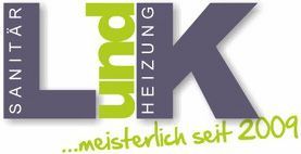 Logo für L und K Sanitär- und Heizungsdienste, mit Text und einem stilisierten „LIK“ in Lila und Grün sowie einem Slogan.