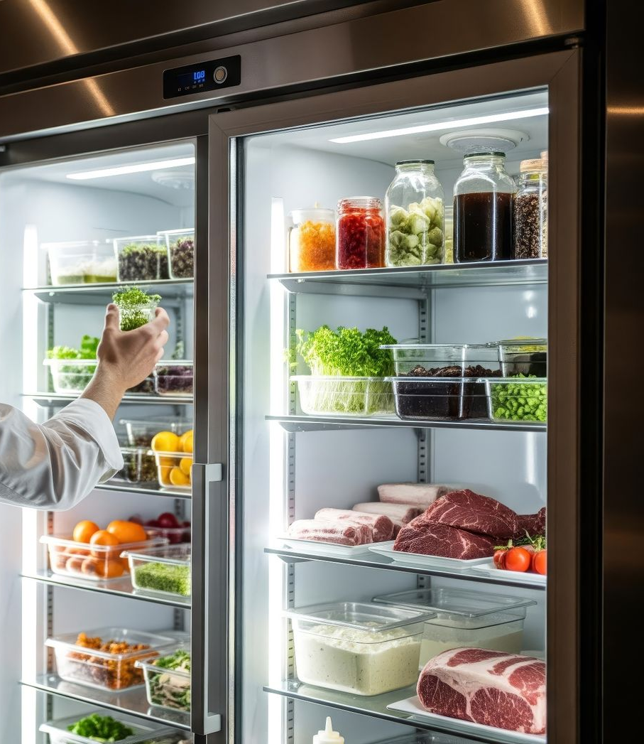 La main d'une personne s'insère dans un réfrigérateur commercial en acier inoxydable rempli d'aliments préparés dans des récipients transparents.