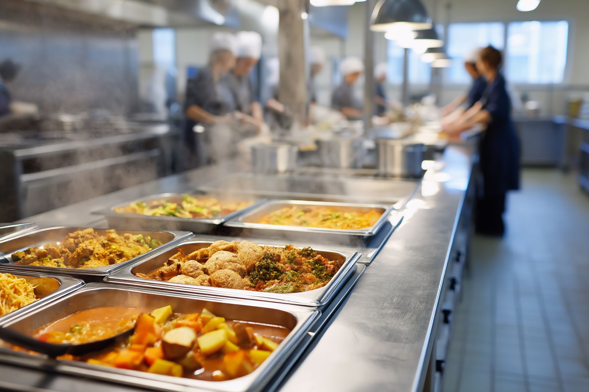 Dans une cafétéria, de la vapeur s'échappe des plateaux-repas tandis que le personnel de cuisine prépare les repas.