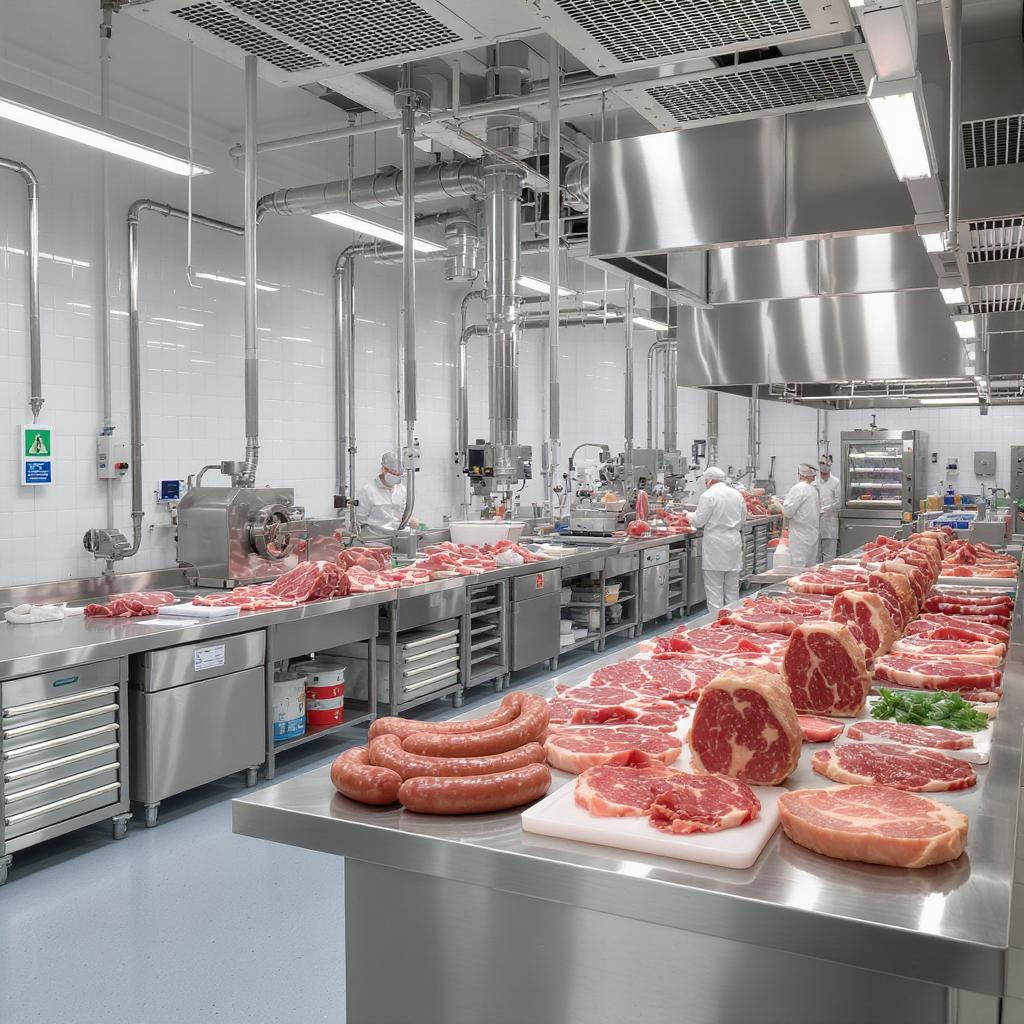 Usine de transformation de viande avec ouvriers, tables en acier inoxydable et différentes découpes de viande crue.
