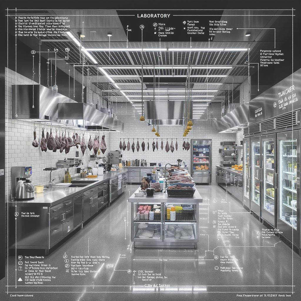 Une cuisine professionnelle équipée de matériel en acier inoxydable et de viandes suspendues. Un cuisinier travaille à l'îlot central.