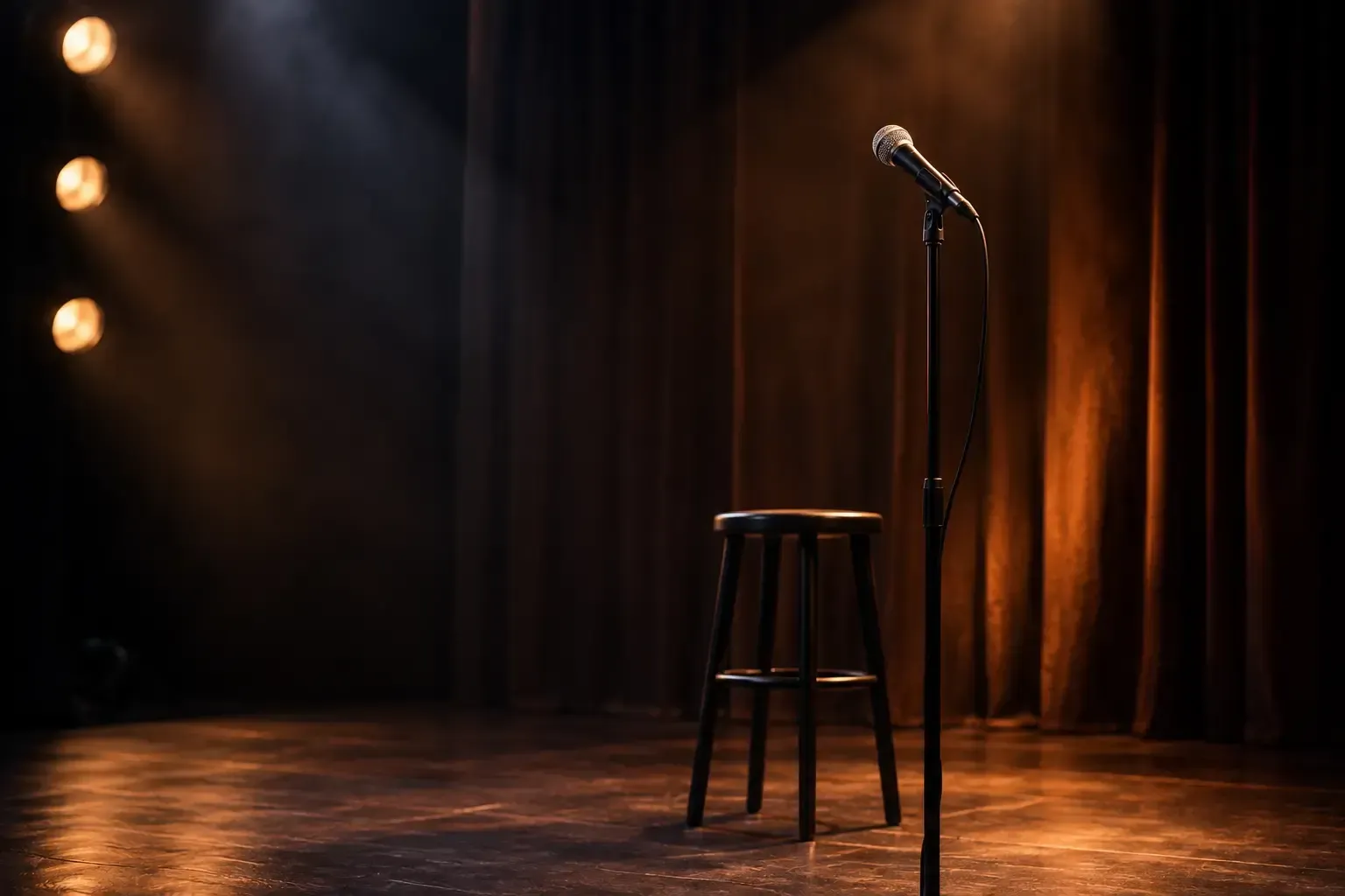 Escenario de comedia vacío con soporte para micrófono y taburete bajo focos de luz cálida.