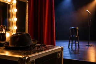 Escenario teatral con iluminación tenue, con un taburete y un micrófono; un sombrero negro reposa sobre una mesa