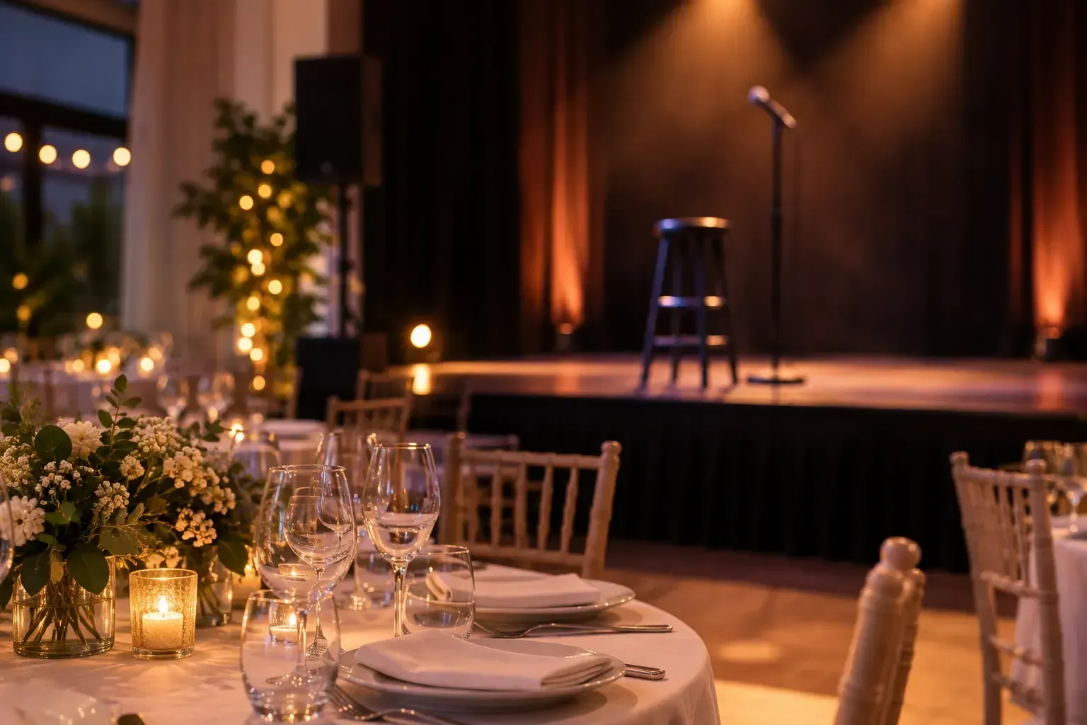 Elegante salón de banquetes con mesas iluminadas con velas y un escenario con micrófono y taburete.
