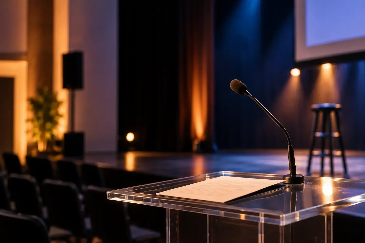 Un podio vacío con un micrófono en un escenario dentro de una sala de conferencias con poca luz.