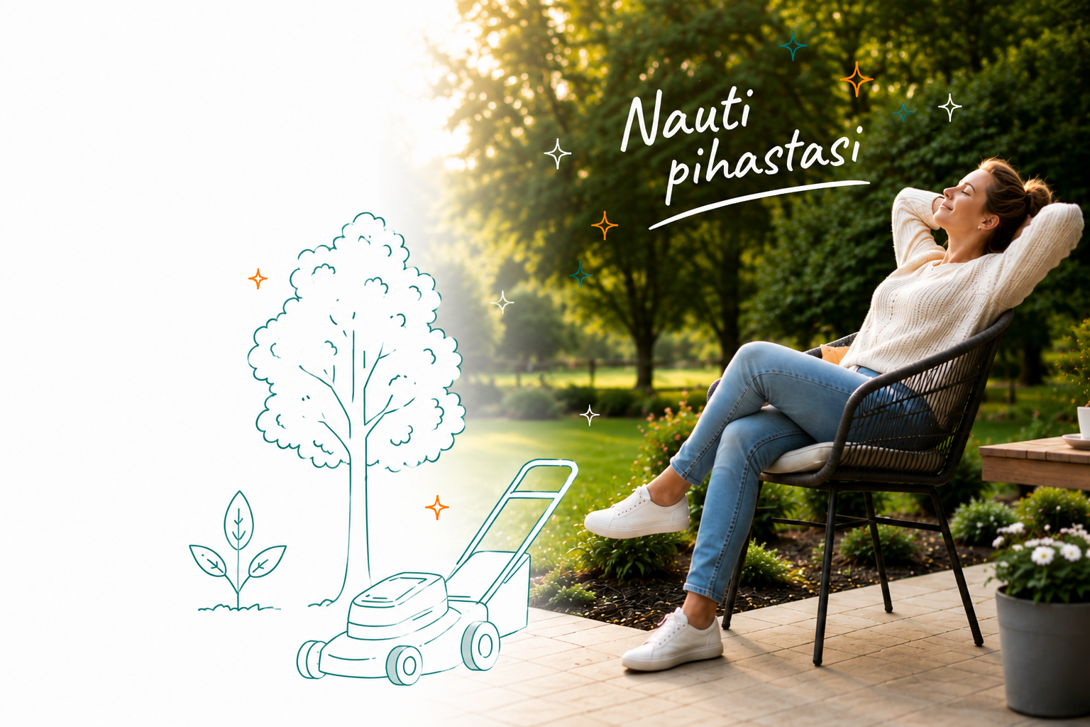 Asiakas nauttii hyvin hoidetusta pihasta