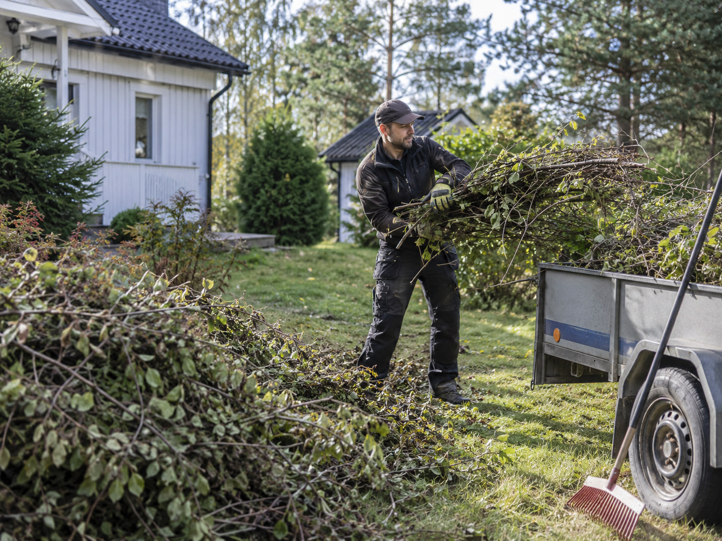 Pihan raivaus käynnissä suomalaisella pihalla