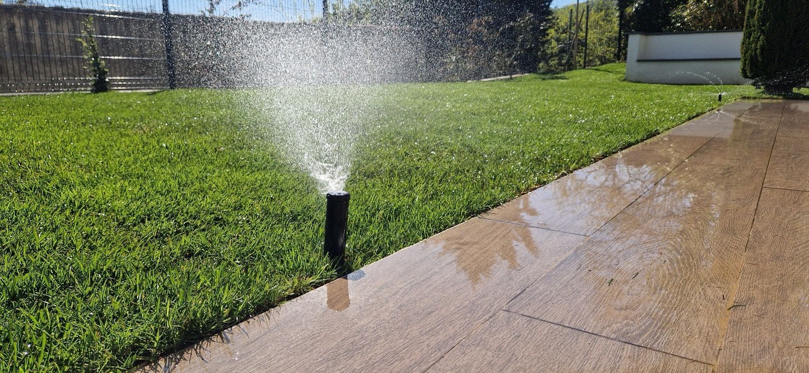 Un arroseur projette de l'eau sur une pelouse verte bordant un trottoir mouillé par une journée ensoleillée.