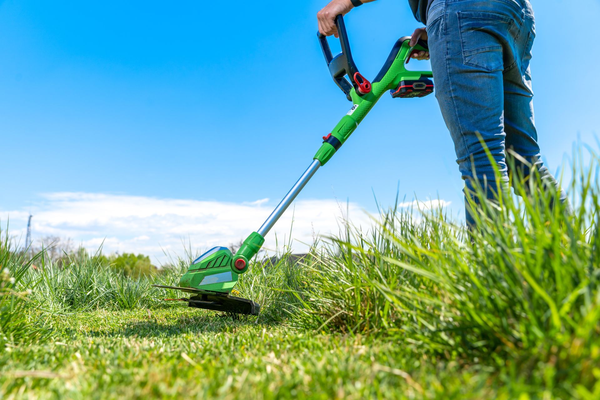Une personne utilise un coupe-bordures vert pour tondre la pelouse dans un jardin ensoleillé.