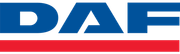 El logotipo de DAF es azul, blanco y rojo sobre un fondo blanco.