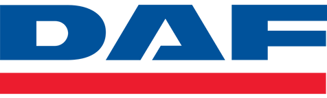 El logotipo de DAF es azul, blanco y rojo sobre un fondo blanco.