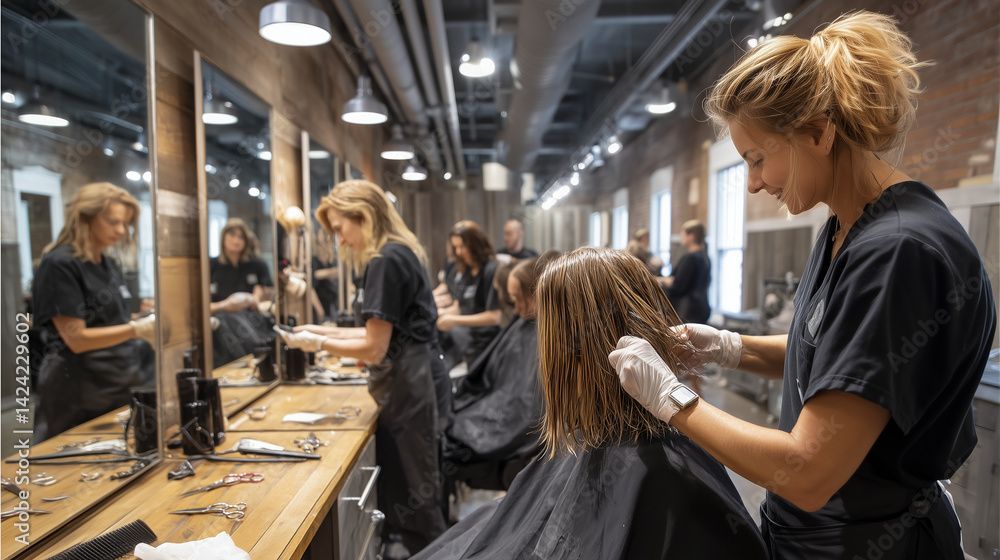 Friseur schneidet einem Kunden in einem Salon das nasse Haar. Mehrere Friseure und Kunden mit Spiegeln.