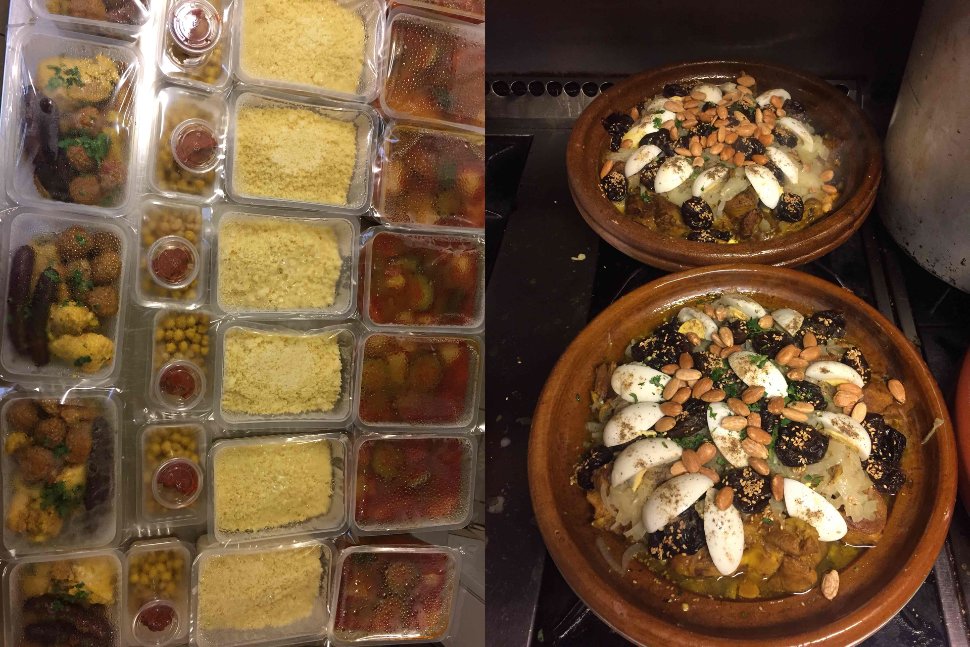 Plats marocains préparés dans des récipients et deux tajines.