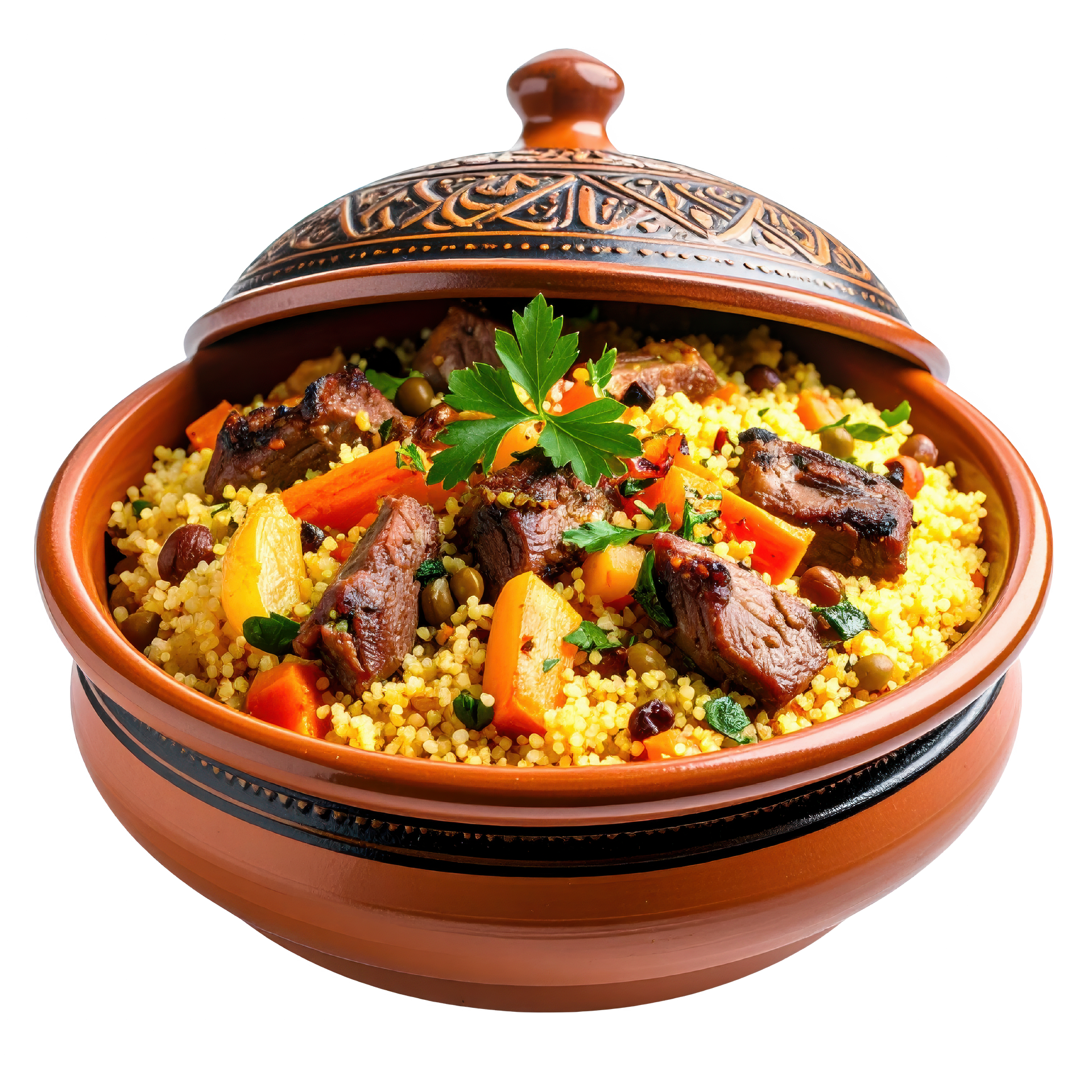 Tajine, plat composé de viande, de carottes, de couscous et de persil.