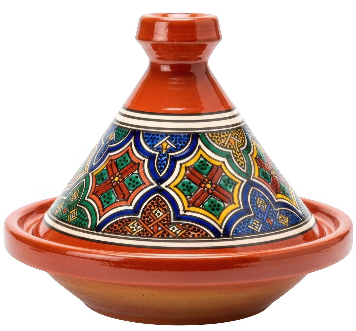 Tajine en céramique rouge à motifs.