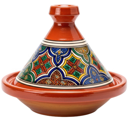 Tajine en céramique rouge à motifs.