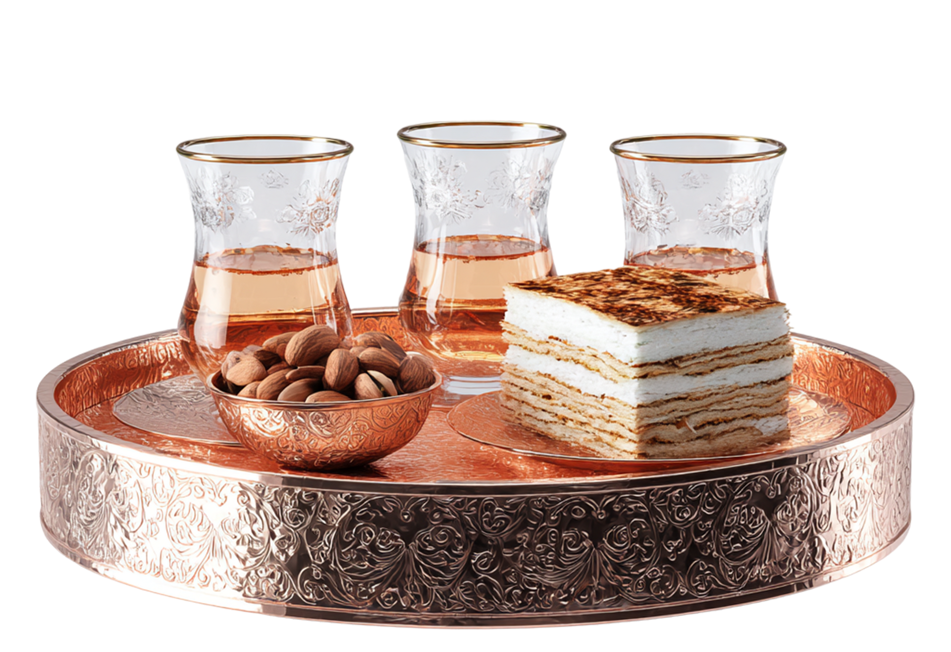 Plateau en cuivre avec thé, noix et gâteau.