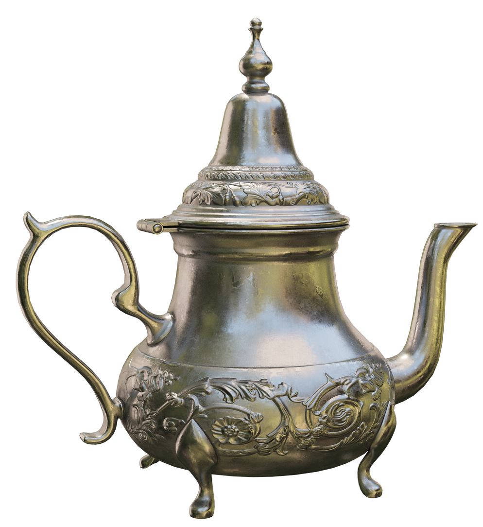 Théière marocaine en argent, décor orné, trois pieds, bec courbé, haute, couvercle pointu.