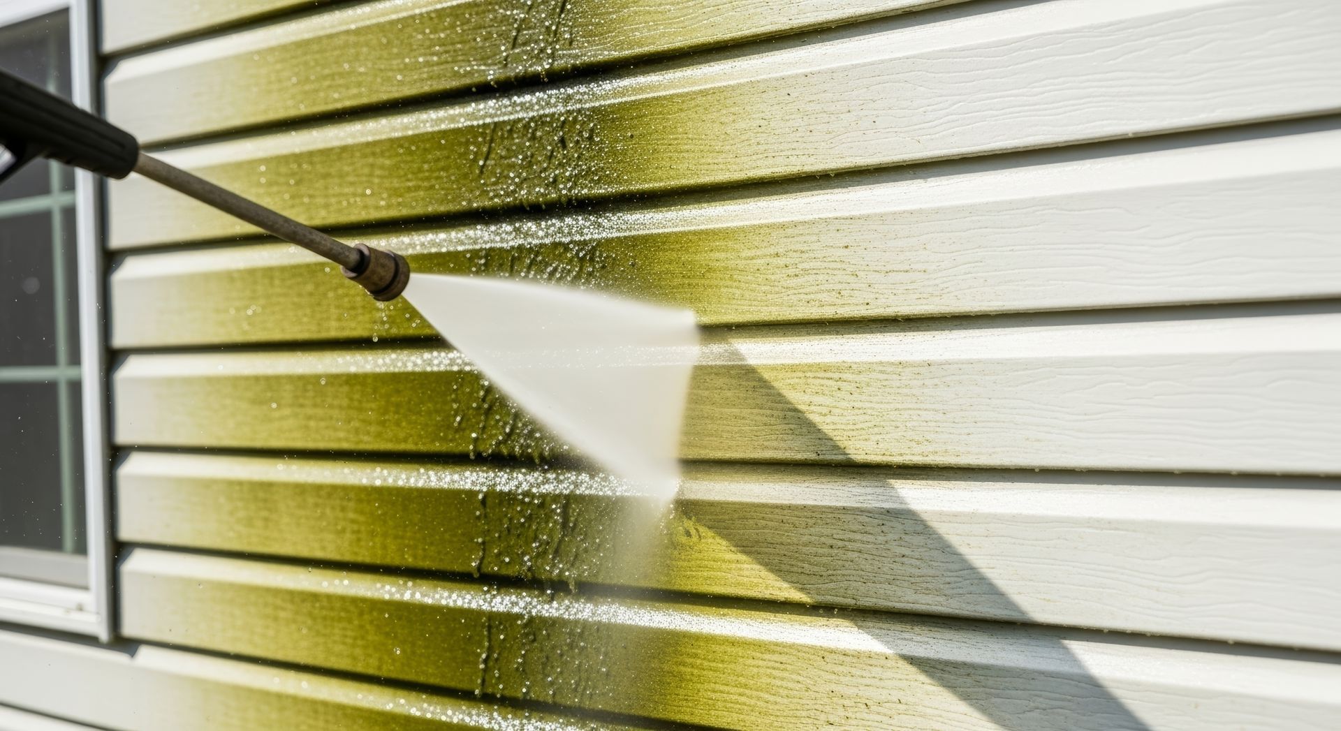 Nettoyage au jet haute pression du revêtement blanc d’une maison pour éliminer les traces d’algues vertes.
