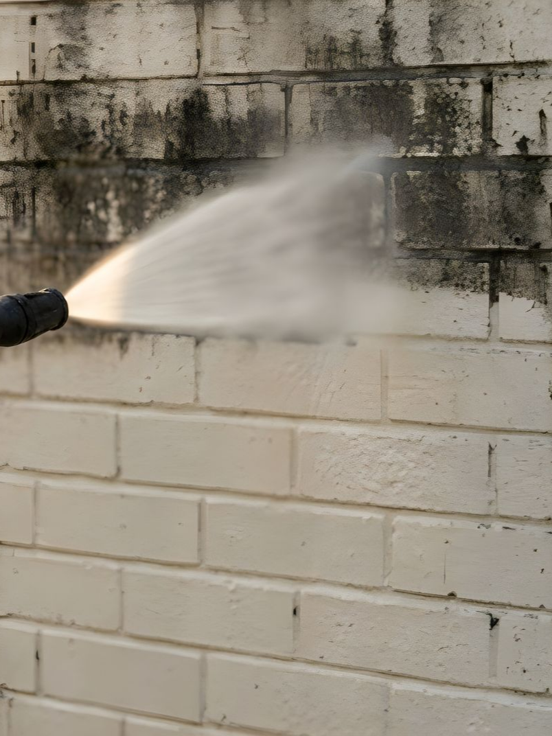 Un nettoyeur haute pression projette de l’eau sur un mur de briques blanches pour éliminer les traces de moisissure noire.