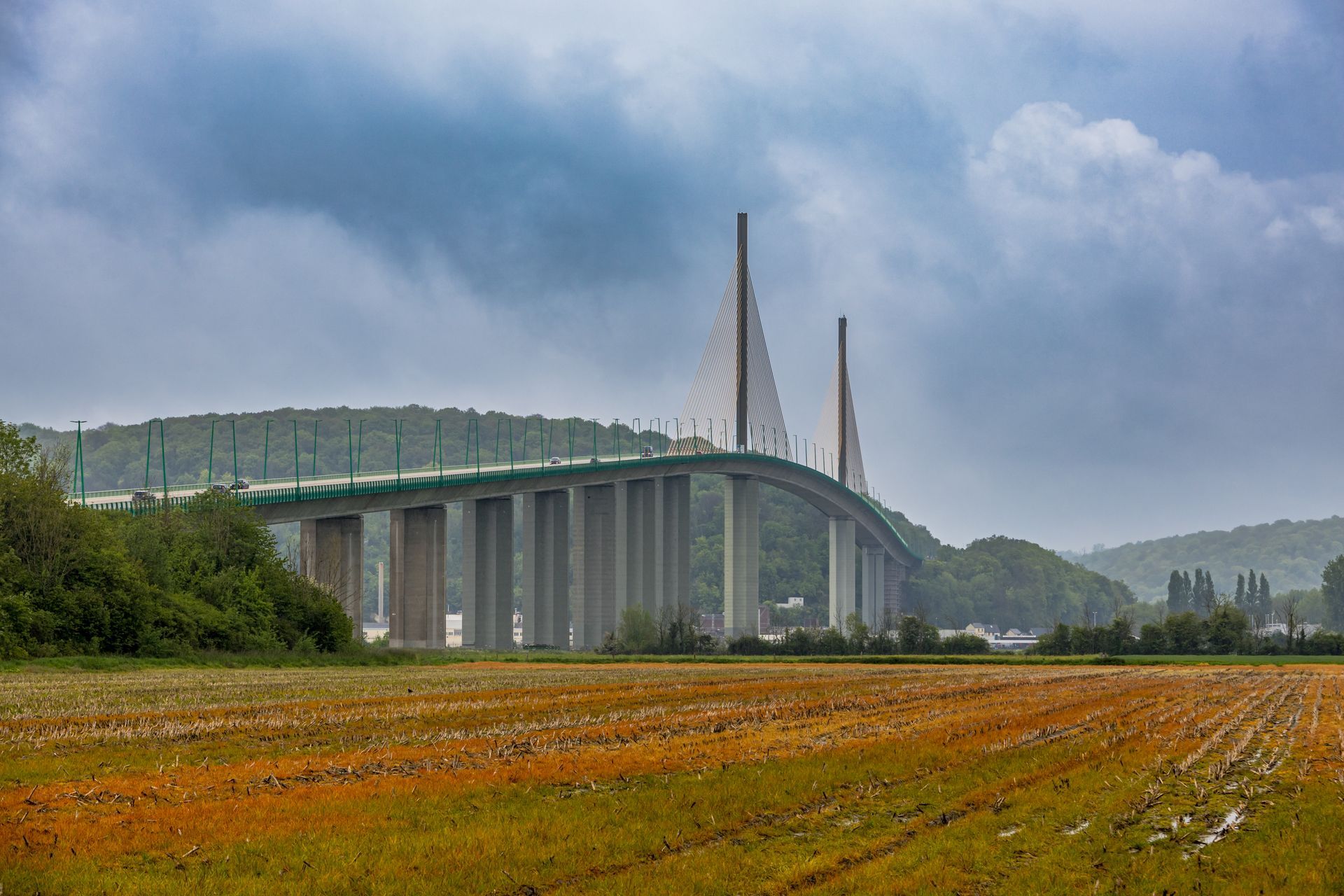 Pont à haubans enjambant un champ sous un ciel nuageux. Le pont est composé de deux hautes tours et de piliers en béton.