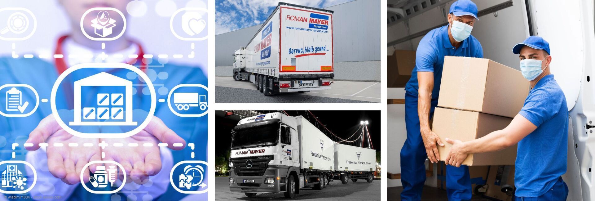 Bildsprache der Logistik: digitale Lagerhaussymbole, zwei Lastwagen auf der Straße und Arbeiter, die Kisten aus einem Fahrzeug entladen.