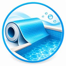Revestimiento azul de piscina extendido sobre una piscina con agua ondulante y burbujas, dentro de un icono circular